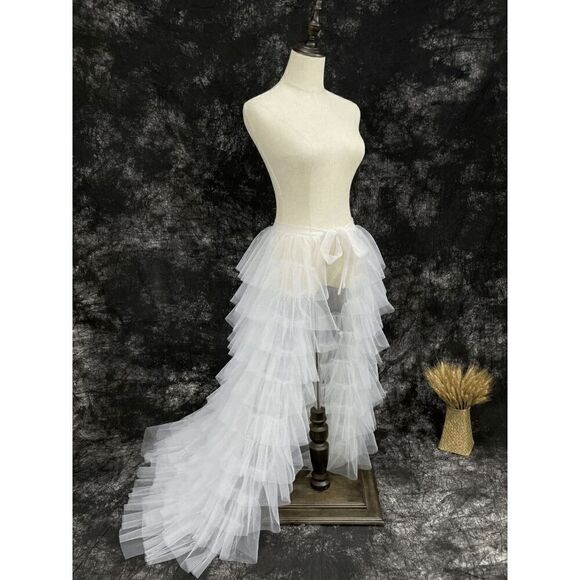 🤍 NEW Bridal Wedding Layered Tulle Mesh Petticoat Train Wrap Hi-Lo Open Skirt - Picture 2 of 16